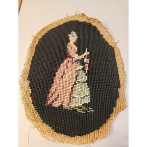 Lady Figurine In Pink Textile CROSS STITCH FINISHED NEEDLEPOINT OVAL 9x7 VTG